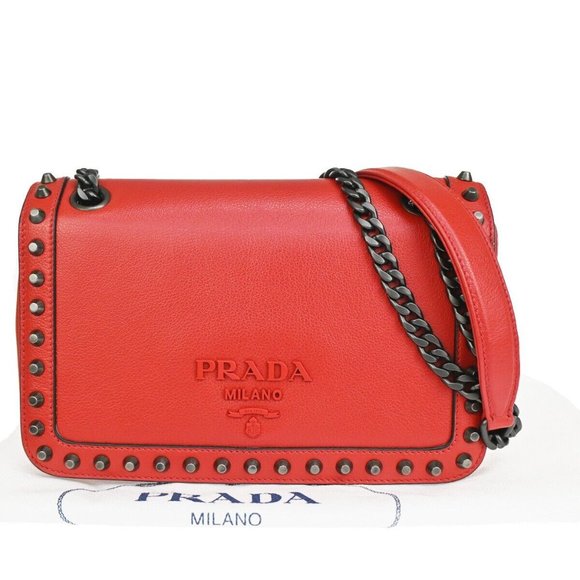 PRADA MILANO Logo Studs Chain Mini Shoulder Bag Calf Leather Fuoco Red 683RJ123 - Picture 2 of 16
